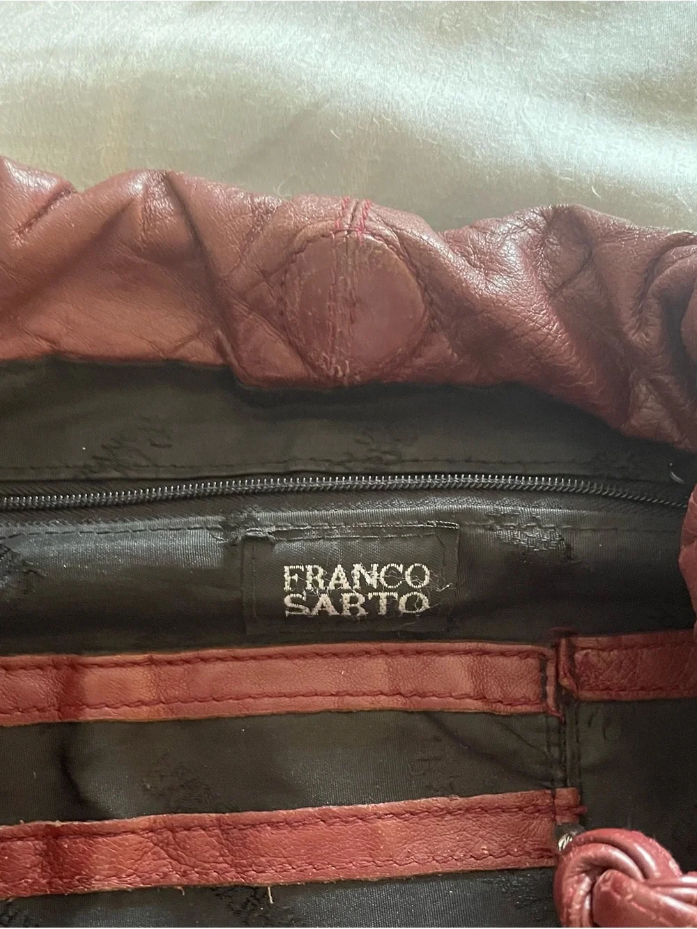 Vintage Franco Sarto Gathered Shoulder Boho Bag in burgundy leather.